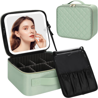 Chomeiu Makeup Bag with LED Mirror, Travel Makeup Case for Women and Makeup Artists Cosmetic Organizer Large Make Up Bags with Light Up Mirror, 3 Color Lights, Adjustable Dividers, Quilted Green
