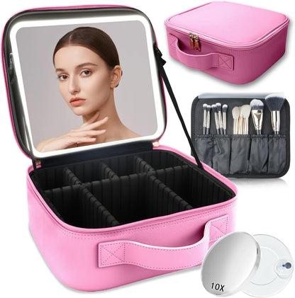 Makeup Bag with Led Mirror,Travel Makeup Organizer with 3 Color Setting & 10X Magnifying Mirror, Portable Storage and Adjustable Dividers Travel Makeup Bag-Dark Pink