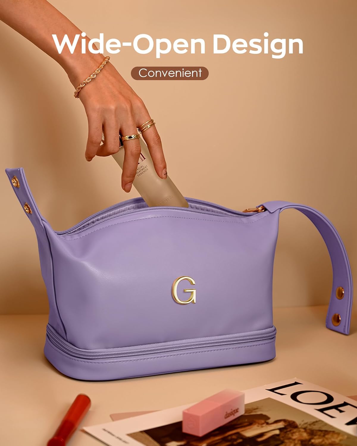 Letter Makeup Bags, Personalized Bags with Handle, Waterproof Double Layer Cosmetic Bag, Large Capacity PU Leather Makeup Bags Letter Travel Toiletry Bag with Makeup Brush Organizer