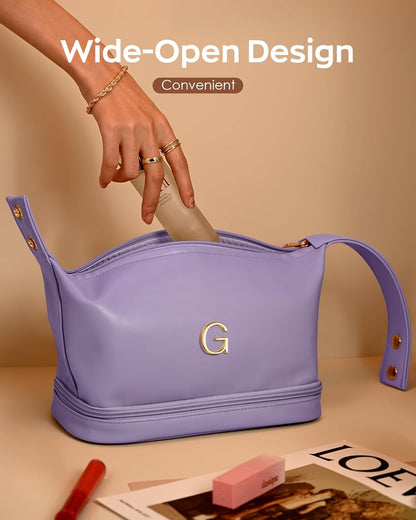 Gifts for Female, Personalized Makeup Bags with Handle, Waterproof Double Layer Cosmetic Bag, Large Capacity PU Leather Makeup Bags Letter Travel Toiletry Bag with Makeup Brush Organizer