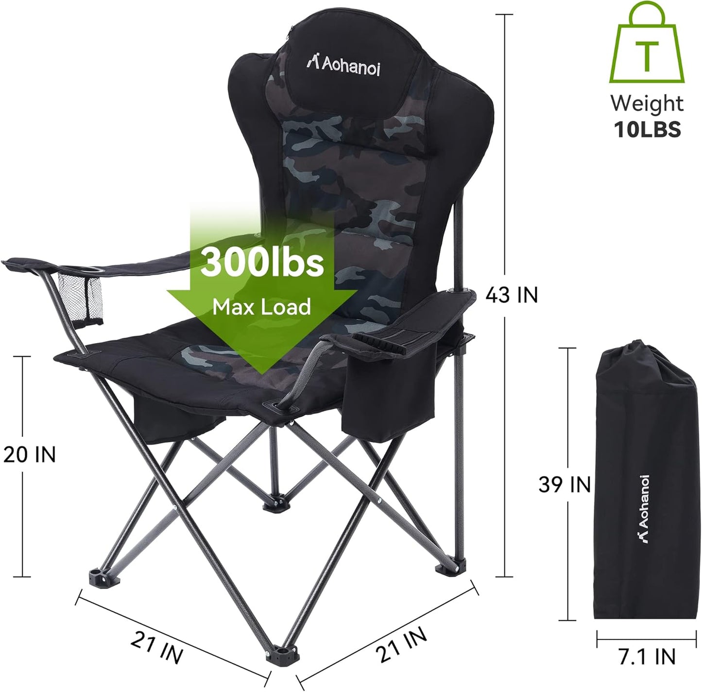 Camping Chairs, Outdoor Folding Chairs 2 Pack for Heavy People, Folding Chairs for Outside, Camp Chairs with Cup Holder & Cooler Bag, Supports up to 300lbs (2 Pcs, Camo)