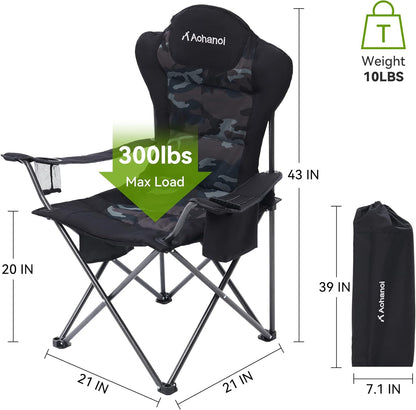 Camping Chairs, Outdoor Folding Chairs 2 Pack for Heavy People, Folding Chairs for Outside, Camp Chairs with Cup Holder & Cooler Bag, Supports up to 300lbs (2 Pcs, Camo)