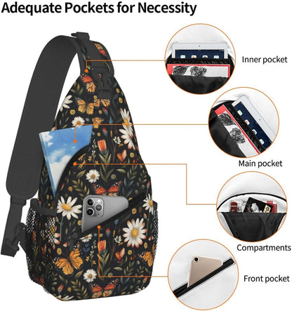 SUPLUCHOM Sling Bag Vintage Butterfly Daisy Leaf Hiking Daypack Crossbody Shoulder Backpack Travel Chest Pack for Men Women