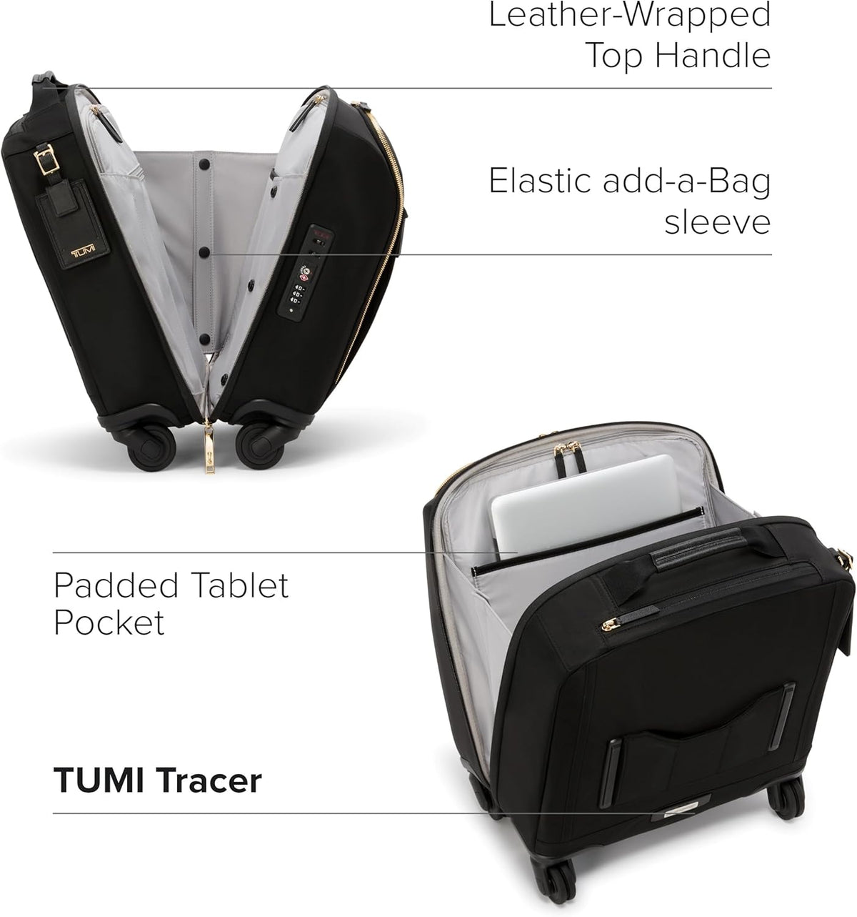 TUMI - Voyageur Leger 4 Wheeled Luggage - Women's Lightweight and Spacious, Sleek Silhouette, Durable Premium Suitcase - 16" Compact Carry-On, Black with Gold Hardware
