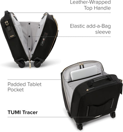 TUMI - Voyageur Leger 4 Wheeled Luggage - Women's Lightweight and Spacious, Sleek Silhouette, Durable Premium Suitcase - 16" Compact Carry-On, Black with Gold Hardware