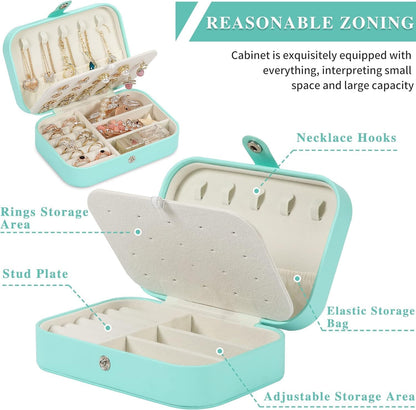 Travel Jewelry Box, PU leather Small Jewelry Organizer For Female Girls, double layer portable mini travel case for storing earrings, rings, necklaces.(green 2pcs)