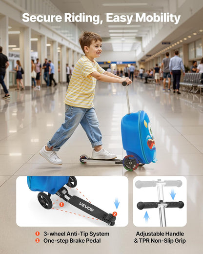 VEVOR Ride-on Luggage, 20 L Capacity, 20 Inches Kids Scooter Suitcase with Flash PU Wheels, Adjustable Handle & TPR Non-Slip Grip, Foldable & Lightweight Scooter Luggage for Kids Aged 5+, Blue