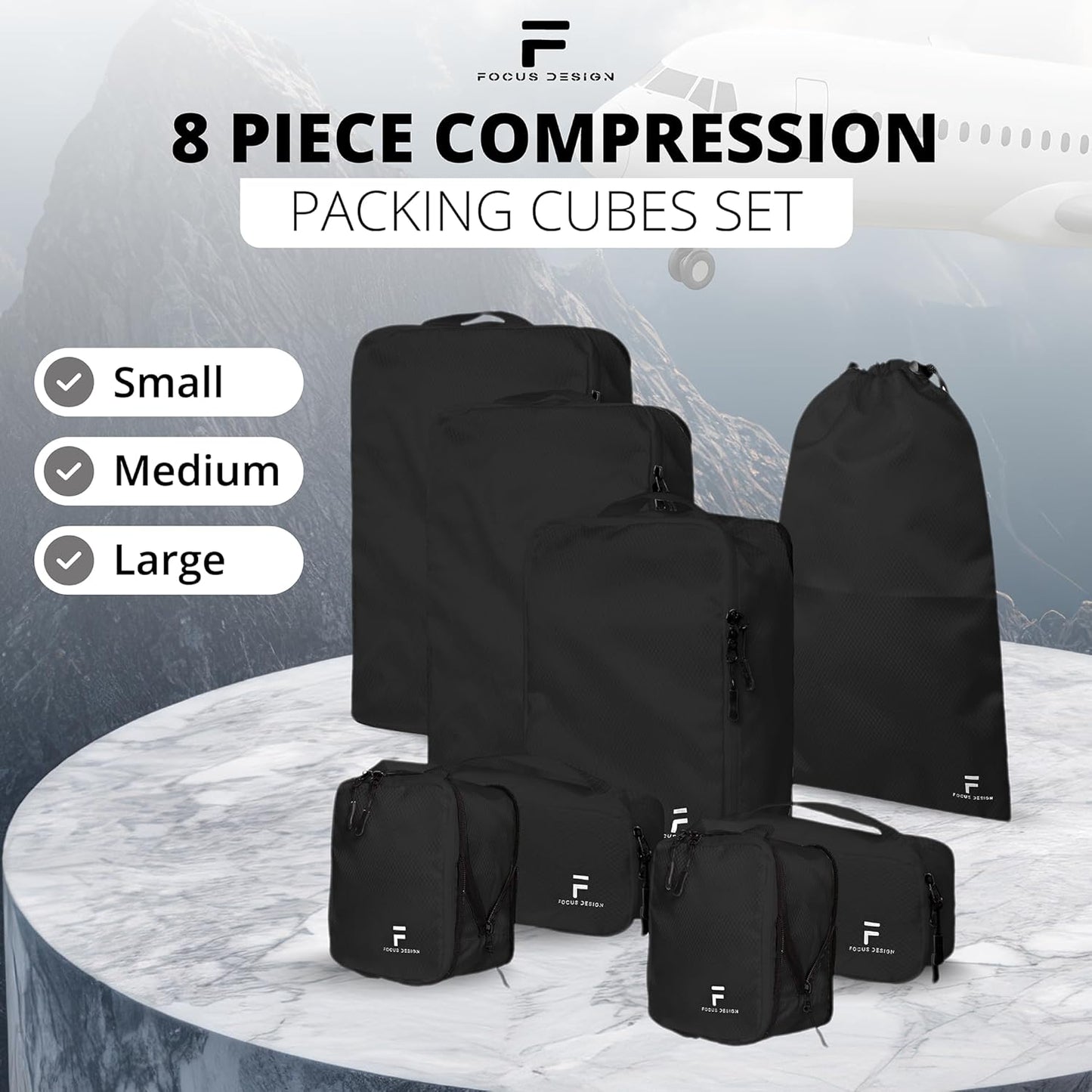 8 Piece Compression Packing Cubes Set - Double Capacity Design for Travel - Small, Medium & Large Sizes - Carry-On Suitcase Organizer Bags (Black)