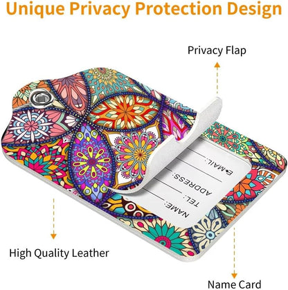 2 Pack Luggage Tag for Suitcase, Cute Unique Leather Bag Tags Identifiers Privacy Cover ID Label with Durable Steel Loop for Women Men Kids Girls Travel, Bohemia