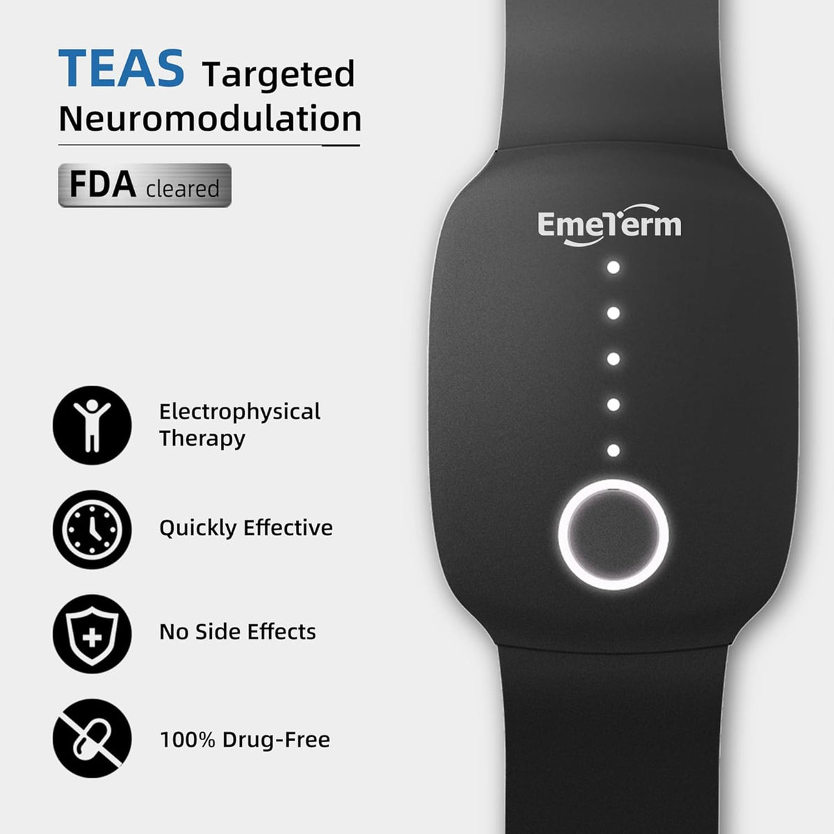 EmeTerm Fashion FDA-Cleared Relieve Nausea Electrode Stimulator Morning Sickness Motion Travel Sickness Vomit Relief Rechargeable No Gel Drug Free Wrist Bands Without Side Effects