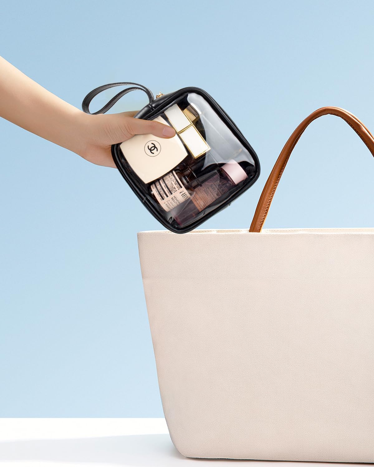 KOTORA TSA Approved Toiletry Bag with Mini Clear Makeup Bag Travel Size Beach Pool Bag Car Accessories for Women Her (Clear Mini-Black)