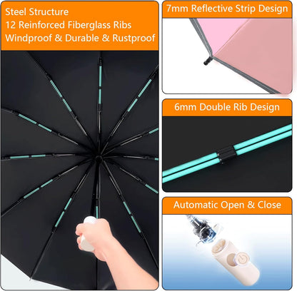 Large Double-Ribs Umbrella Automatic Folding Umbrella for Women Men, Travel, UPF 50+ UV Protection