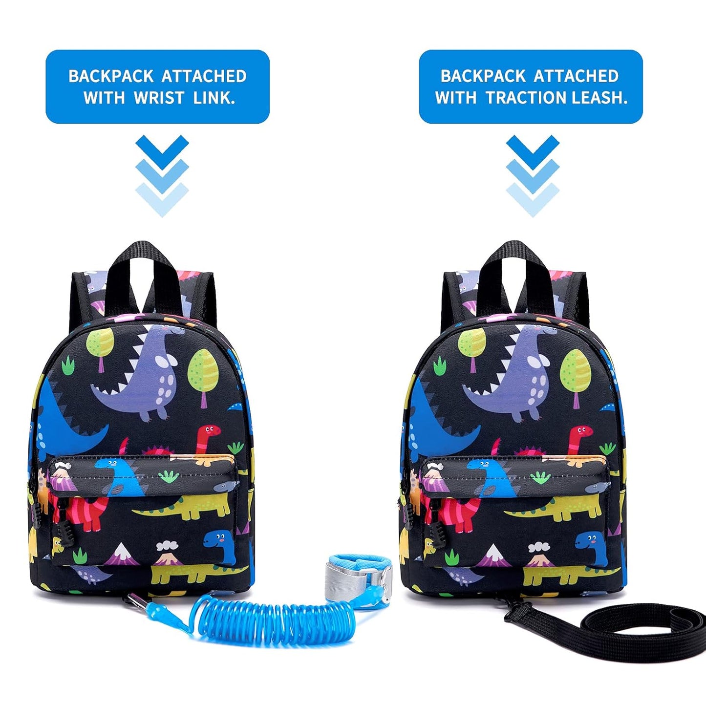 Accmor Toddler Backpack Leash with Anti Lost Wrist Link, Cute Mini Child Walking Harnesses Keep Kids Close Back Pack Rope Tether Rein for Baby Boys (Black/Dino)