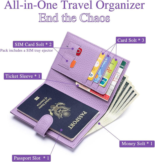 Slim Passport Wallet for Women – RFID Blocking Passport Holder for Travel with Card Slots, Coin Pocket & SIM Slot – Stylish Genuine Leather Travel Organizer – (Lavender)