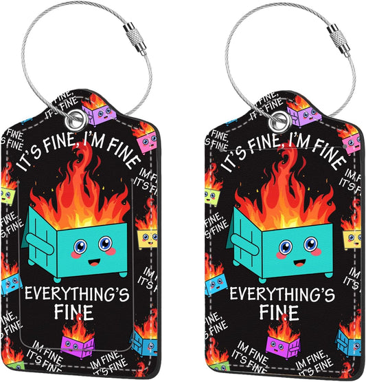 2 Pcs Luggage Tags for Suitcases, PU Leather Cruise Ship Luggage Tags with Privacy Cover Label Address Card and Durable Metal Ring Suitable for Men Women Handbags Backpacks Schoolbag,Dumpster Fire