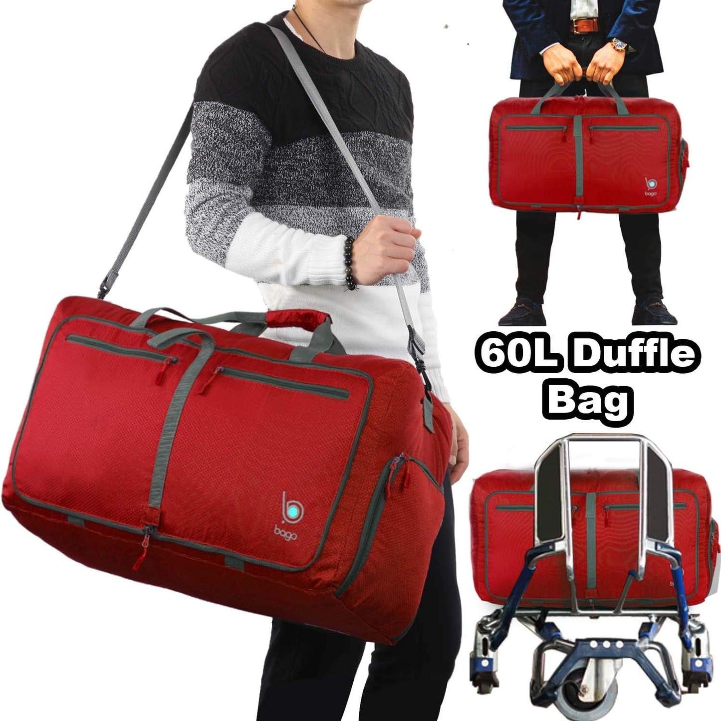 Bago Foldable Duffel Bags for Traveling Women & Men - 60L Medium Packable Duffle Bag for Travel with Shoe Compartment - Water Repellant, Heavy Duty, Lightweight Folding & Collapsible (Red)