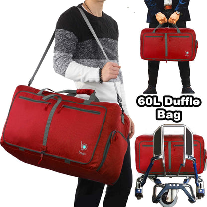 Bago Foldable Duffel Bags for Traveling Women & Men - 60L Medium Packable Duffle Bag for Travel with Shoe Compartment - Water Repellant, Heavy Duty, Lightweight Folding & Collapsible (Red)