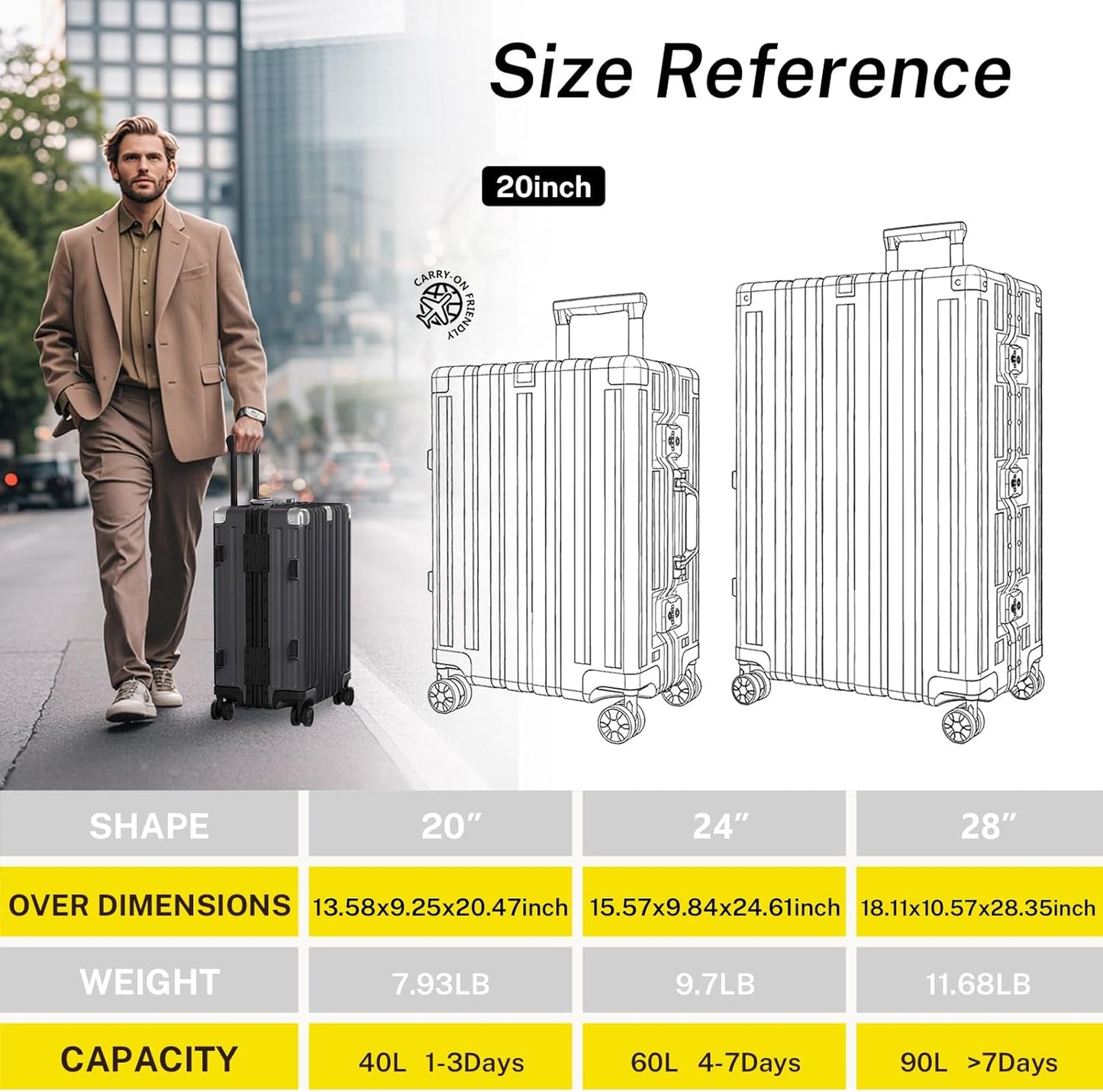 Krute Carry On Luggage 20 inch Aluminum Frame Suitcase with Spinner Wheels No Zipper PC+ABS Hardshell Luggages TSA Lock Zipperless Suitcases