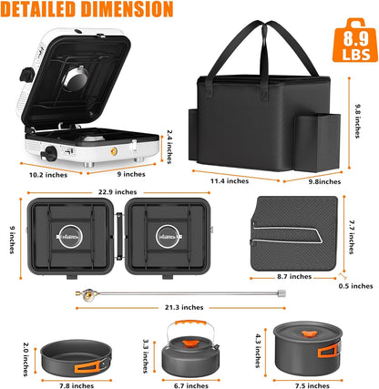 Hisencn Portable Camping Stove, 2 Burner Foldable Camp Stove, 20000 BTU Folding Gas Stove, Portable Propane Stove with Carry Bag, Adjustable Burners & Piezo Ignition, Includes Frying Pan, Kettle, Pot