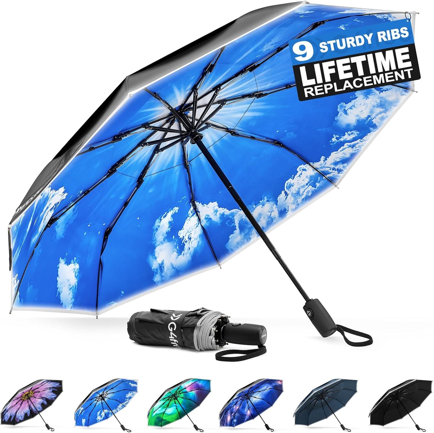 G4Free 42 Inch Eco Windproof Folding Umbrella for Rain & Sun 9 Ribs Wind Resistant Strong Fiberglass Double Canopy with Reflective Strip for Women Men Auto Open Close For Car & Backpack