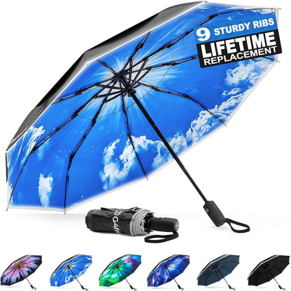 G4Free 42 Inch Eco Windproof Folding Umbrella for Rain & Sun 9 Ribs Wind Resistant Strong Fiberglass Double Canopy with Reflective Strip for Women Men Auto Open Close For Car & Backpack