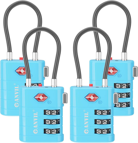 ANVIL TSA Approved Luggage Locks – High Security TSA008 Combination Travel Locks with Inspection Indicator for Suitcases and Backpacks. (4, Bule)