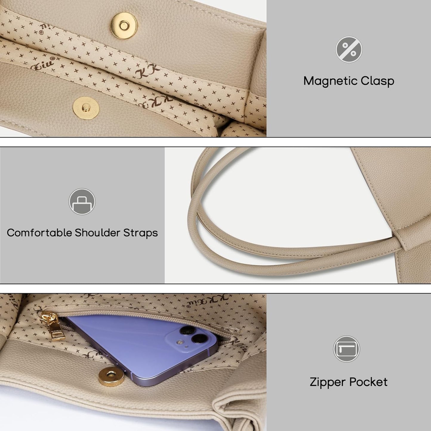 KKXIU Tote Bag for Women Vegan Leather Shoulder Purse Large Capacity Travel Bag