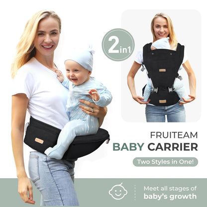 FRUITEAM 6-in-1 Baby Carrier with Hip Seat for Breastfeeding, All Seasons, All Position Adjustable Baby Chest Carrier with Lumbar Support, Adapt to Newborn, Infant & Toddler (Cool Black)
