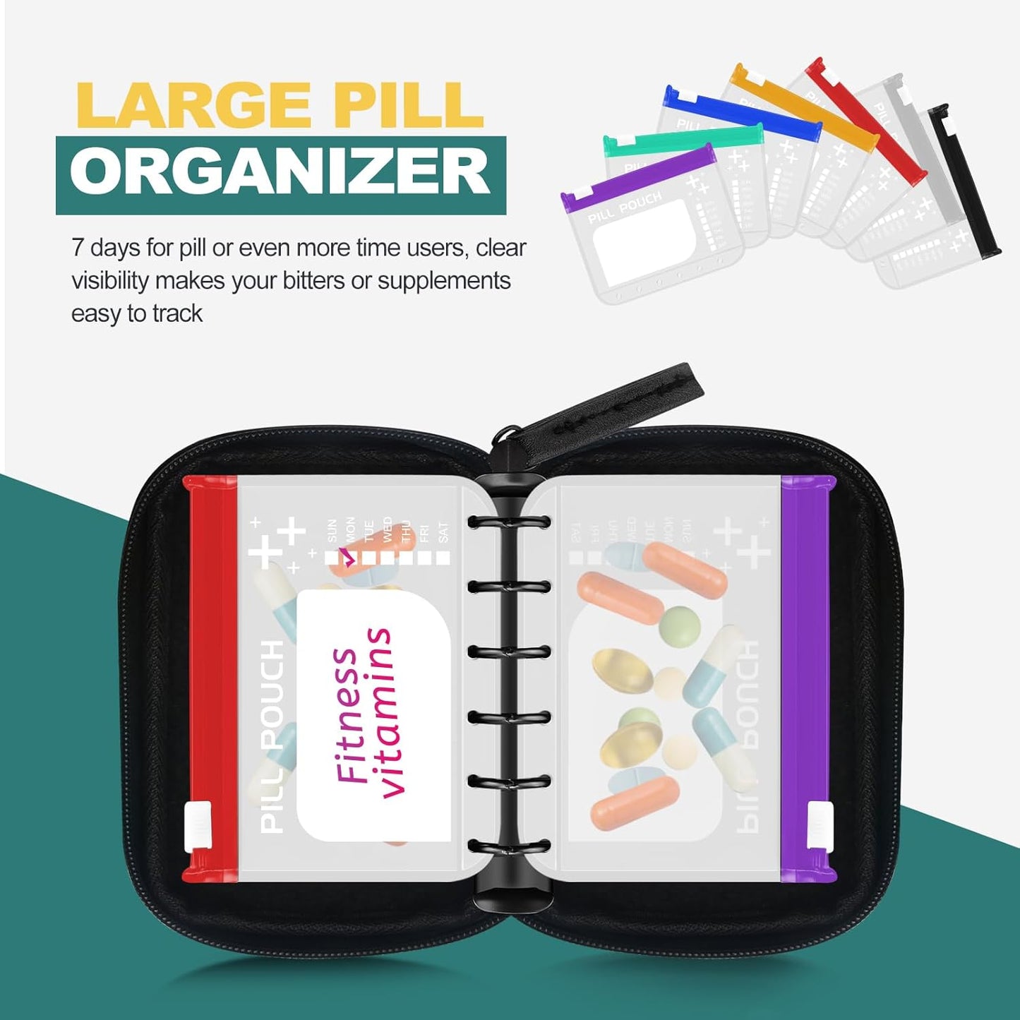A7-L Water-Proof Pill Pouch Set， Large Pill Organizer, BPA Free, A7-L Pill Loose-Leaf Storage with Color-Coded Medicine Pouches, Reusable Travel Medicine Organizer， Zippered Pill Organizers Weekly