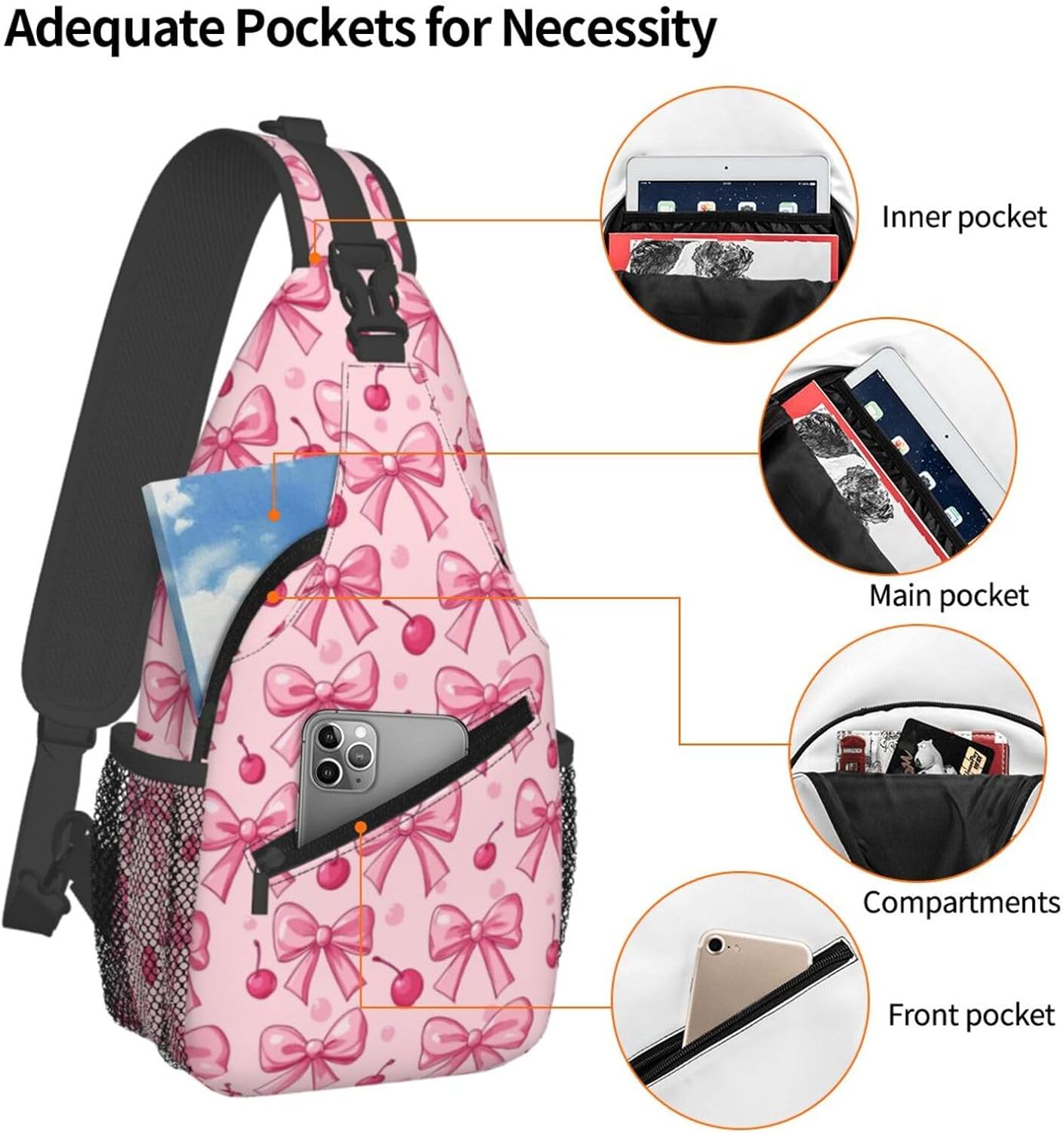 SUPLUCHOM Sling Bag Pink Bows Cherry Hiking Daypack Crossbody Shoulder Backpack Travel Chest Pack for Men Women