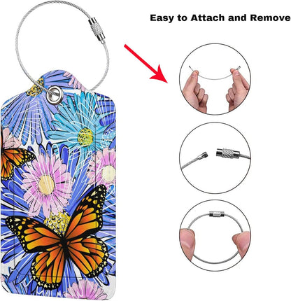 Set of 2 Artistic Flowers Luggage Tags with Butterfly Pattern, Pretty Suitcase Tag Privacy Name ID Card Pink Blue Floral Travel Bag Labels with Stainless Steel Loop for Women Girls Kids Adult