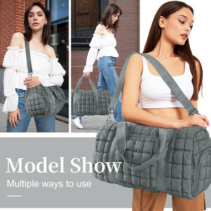 Quilted Travel Duffle Bag Gym Bag for Women,Large Puffer Duffle Weekender Bag with Compartment,Workout Overnight Carry on Organizer Bag Duffle Bag for Airplane Travel(Grey)