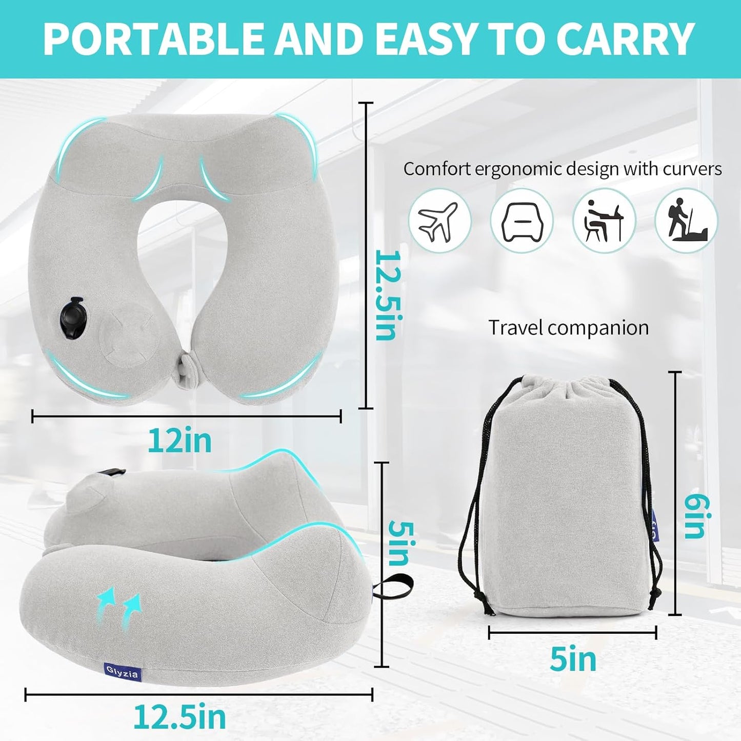 2 Pack Inflatable Travel Neck Pillows for Airplanes, Head Support Velvet Adult Neck Pillows for Long Flight, Kit with Eye Mask, Earplugs and Storage Bag, 2, Light Gray