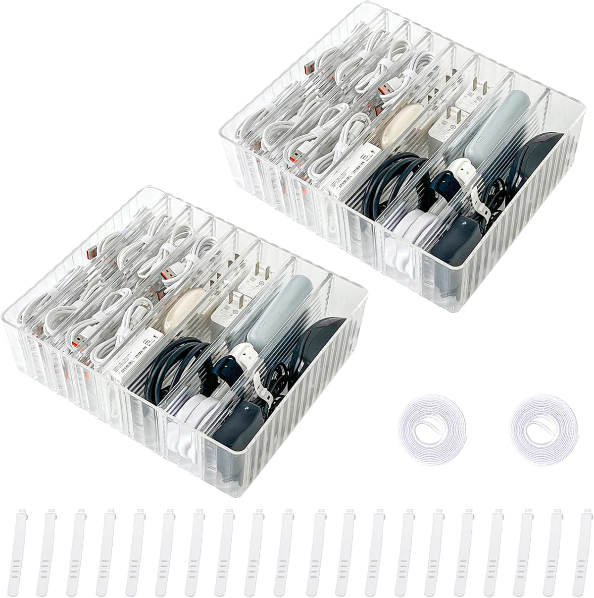 Yesesion Clear Cord Storage Box with Wire Ties, Plastic Cable Organizer for Drawer, Large Desk Accessories Case Container for Phone Charger, Battery, Art Crafts, Home Office Supplies, 2 Pack