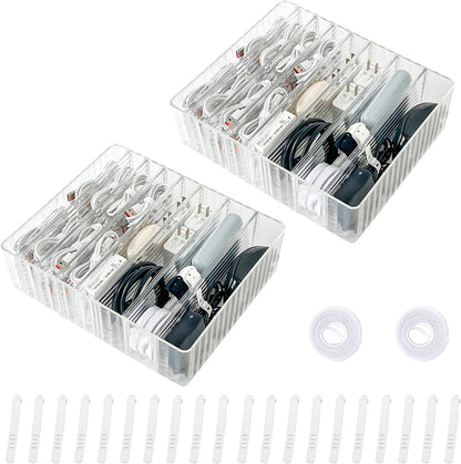 Yesesion Clear Cord Storage Box with Wire Ties, Plastic Cable Organizer for Drawer, Large Desk Accessories Case Container for Phone Charger, Battery, Art Crafts, Home Office Supplies, 2 Pack
