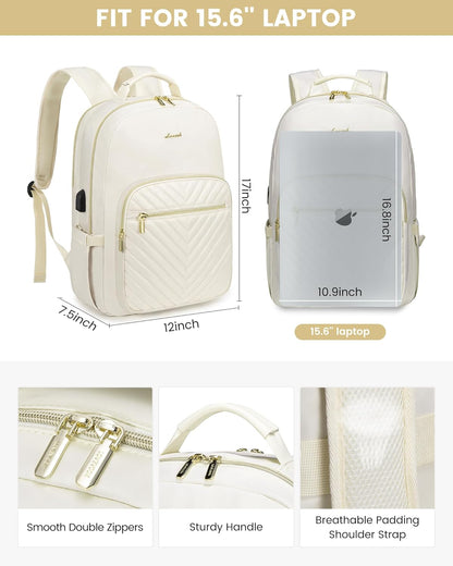 LOVEVOOK Laptop Backpack Purse for Women, Work Travel Computer Bags, College School Backpack for Student Girl, Quilted Casual Daypack with USB Port, Fit 15.6 Inch Laptop, Beige White