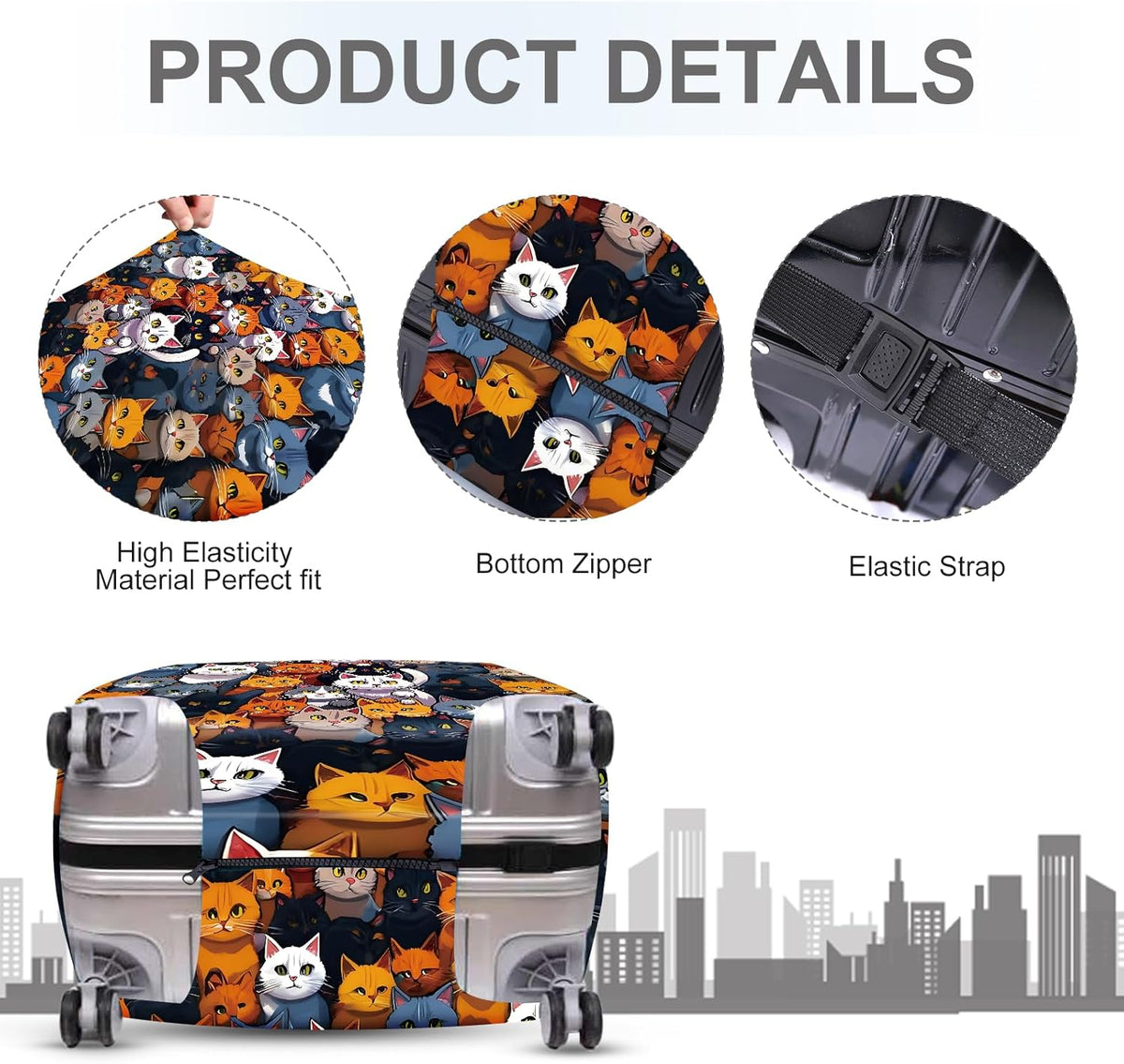 ANNA QUEEN Colorful Cat Luggage Cover, Fun Cat Design with Multiple Cats, Stretchable, Washable Travel Sleeve for 24-26 Inch Luggage
