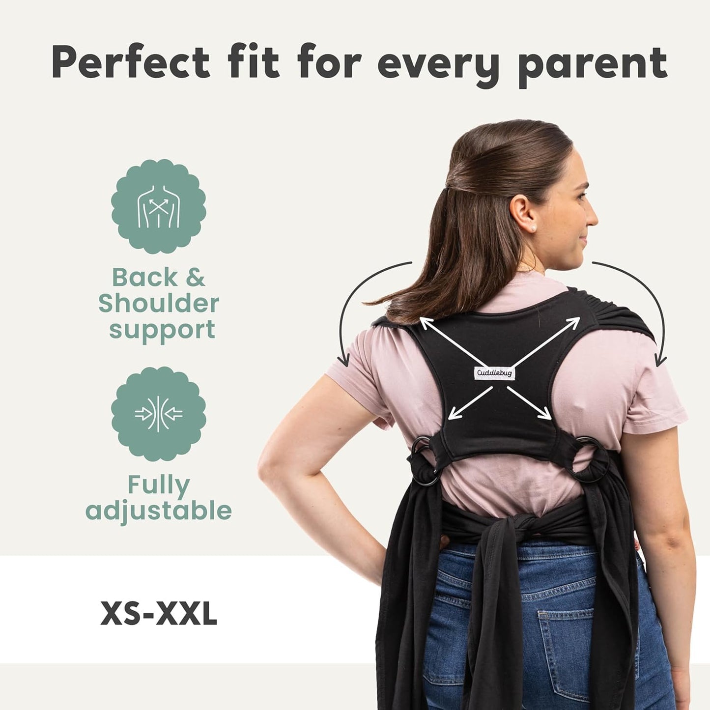CuddleCarry™ Pre-Wrapped Baby Ring Sling by CuddleBug - Adjustable, Lightweight Baby Carrier Wrap - Ergonomic Front Carry for Newborn to Toddler (0-36m, 8-35 lbs) - Black