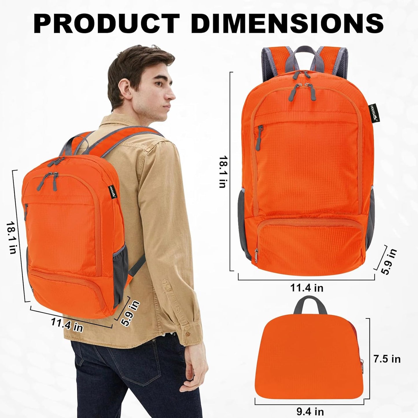 HOLYLUCK 20L lightweight packable Hiking Daypack Foldable Backpack for Men Women Small Travel Outdoor Foldable Shoulder Bag-orange