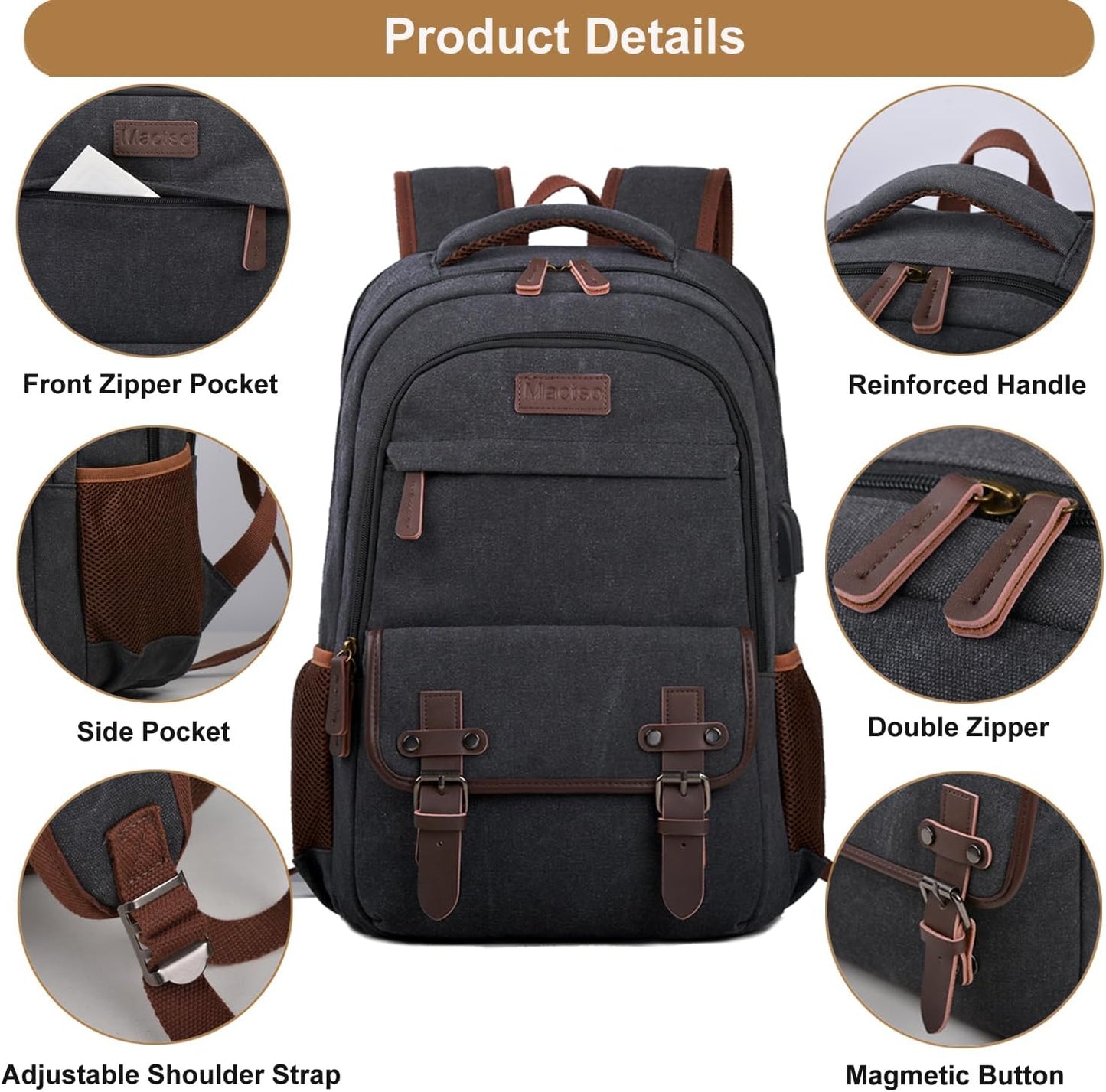 Mactso Canvas Travel Laptop Backpack for Men Women, Business Work Rucksack College Computer Bag Fits 17.3 Inch Notebook,Bookbag with USB Charging Port (Black, 17.3 Inch)