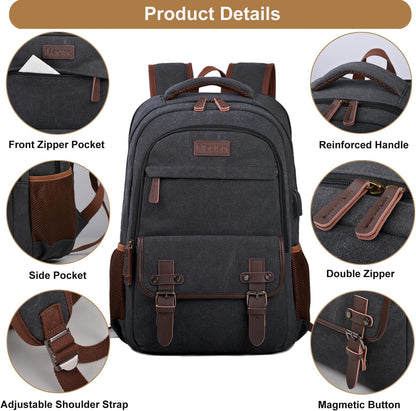 Mactso Canvas Travel Laptop Backpack for Men Women, Business Work Rucksack College Computer Bag Fits 17.3 Inch Notebook,Bookbag with USB Charging Port (Black, 17.3 Inch)