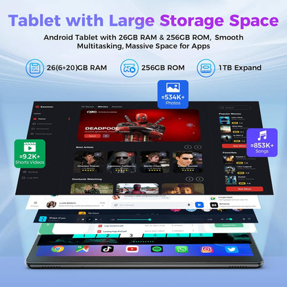 Android Tablet with Keyboard, 26GB RAM, 256GB ROM(1TB Expand), 10.1 inch Android 14 Tablet, 8000mAh Battery, BT 5.0, GMS Certified, 2.4G&5G WiFi, 2 in 1 Tablets with Mouse, Case, Stylus(Pink)