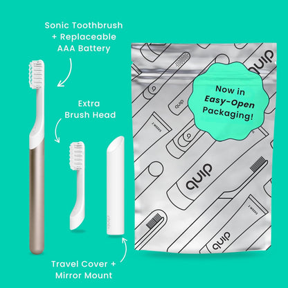 Quip Metal Sonic Toothbrush, Electric Toothbrush for Adults –Time Travel & Soft Bristles with Travel Case & Replaceable Brush Head -3-Month Battery Life - Dawn Peach Gold