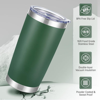 20 oz Tumblers Bulk Stainless Steel Tumbler with Lid Double Wall Vacuum Insulated Coffee Mug 20oz Powder Coated Cup for Hot and Cold Drinks, Dark Green, 12 pack