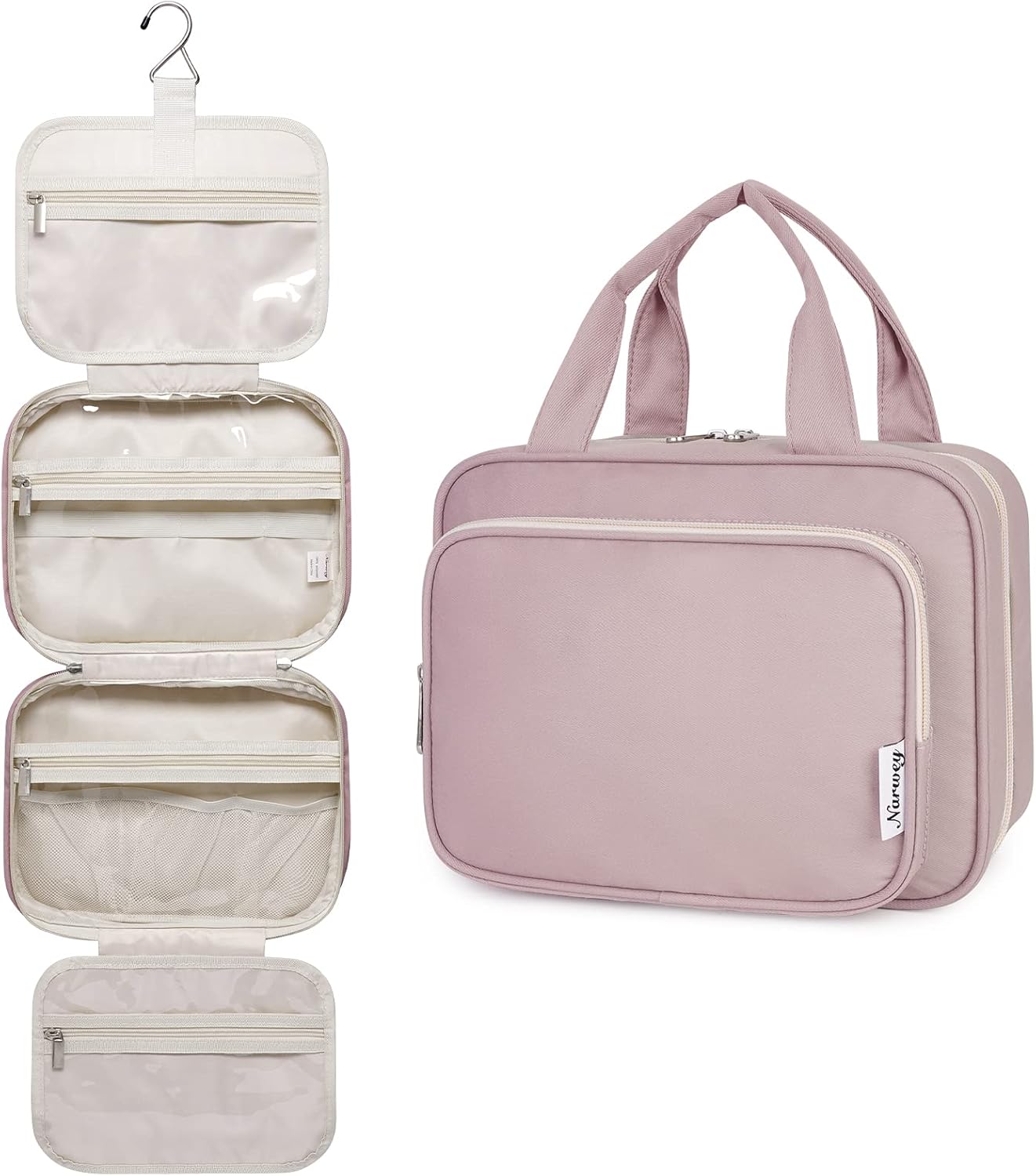 Narwey Hanging Toiletry Bag for Women Travel Makeup Bag Organizer Toiletries Bag for Travel Size Essentials Accessories Cosmetics (Dusty Rose (Medium))