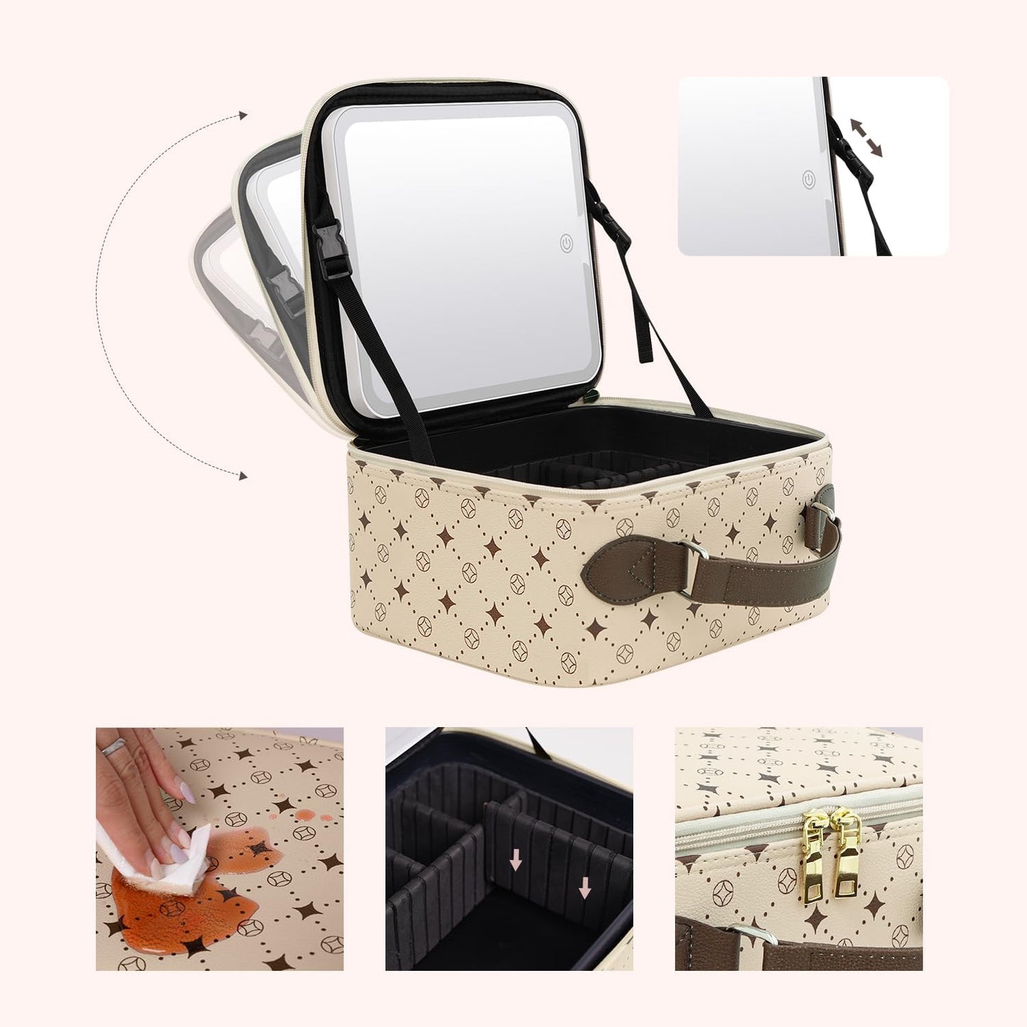 Travel Makeup Bag With 360° rotating LED Mirror,Waterproof cosmetic organizer,Portability Cosmetic case,Makeup organizer,Gift for Women,Girls Gift (Beige + Brown)