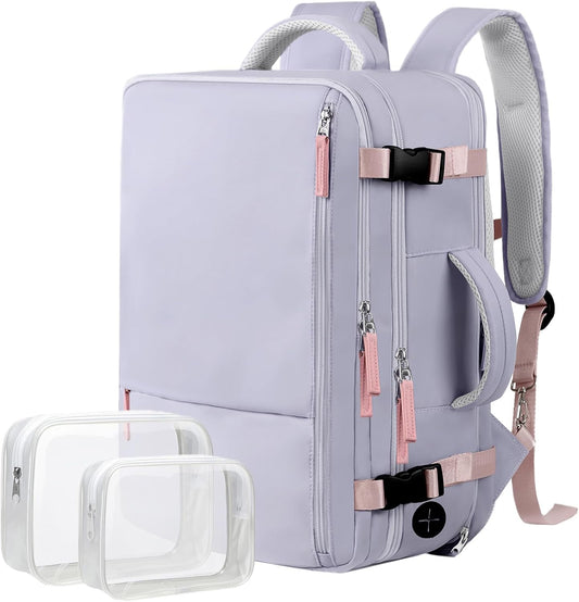 Hanples Large Travel Backpack for Women as Person Item Flight Approved, Waterproof 40L Carry On Backpack, 17 Inch Laptop Backpack for Business Bag with 2 Toiletry Bags (Gray Purple)