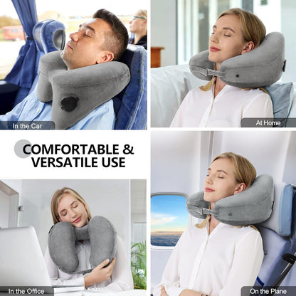 Sunany Neck Pillow for Travel Inflatable Airplane Pillow Comfortably Supports Head, Neck and Chin, Inflatable Travel Pillow with Soft Velour Cover and Portable Drawstring Bag (Grey)
