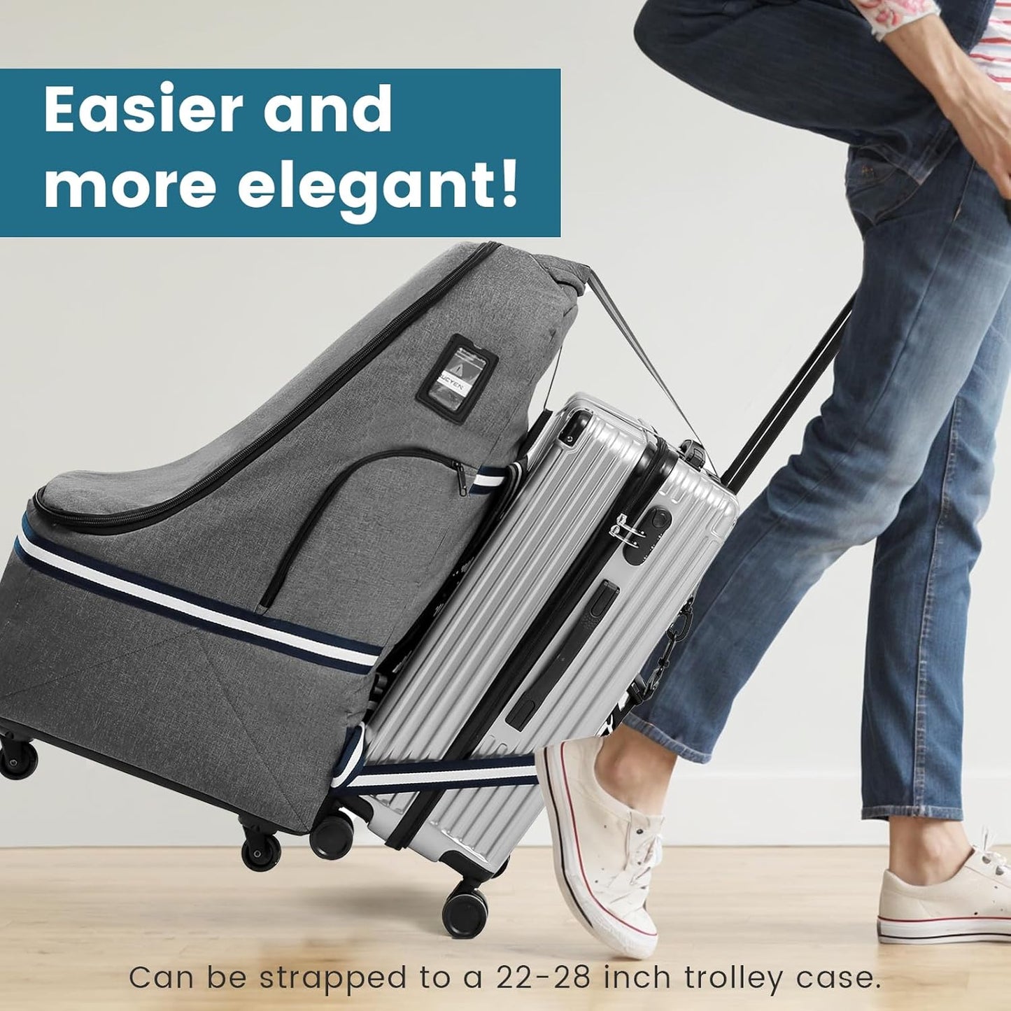 Rolling Car Seat Travel Bag, Padded Carseat Travel Backpack for Airplane,Large Durable Travel Bag with 4 Wheels,Adjustable Shoulder Strap and Waterproof Base Dark Grey