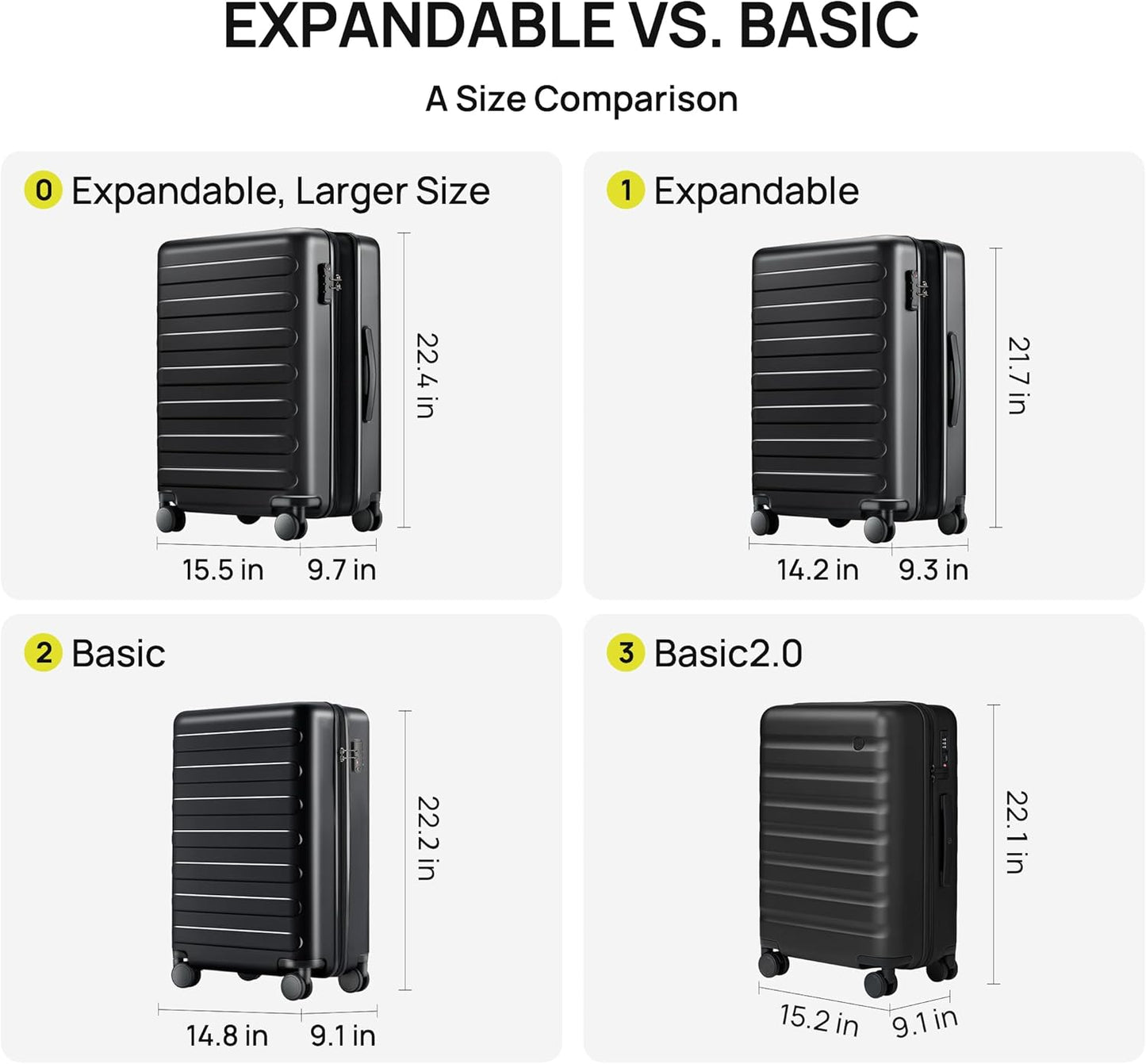 NINETYGO Carry On Luggage 22x14x9 Airline Approved, 20 Inch Luggage with Smooth Spinner Wheels, Expandable, Hard Shell PC Suitcase, Lightweight Travel Luggage, TSA Approved (Black, Rhine Max1.0)
